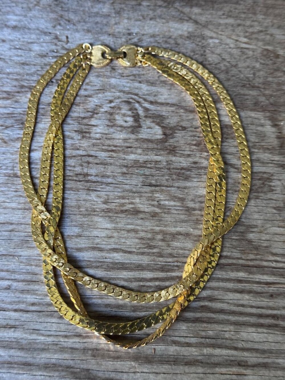 Goldette Gold Tone Triple Chain Necklace Textured Braided Vintage Clasp - Picture 2 of 9